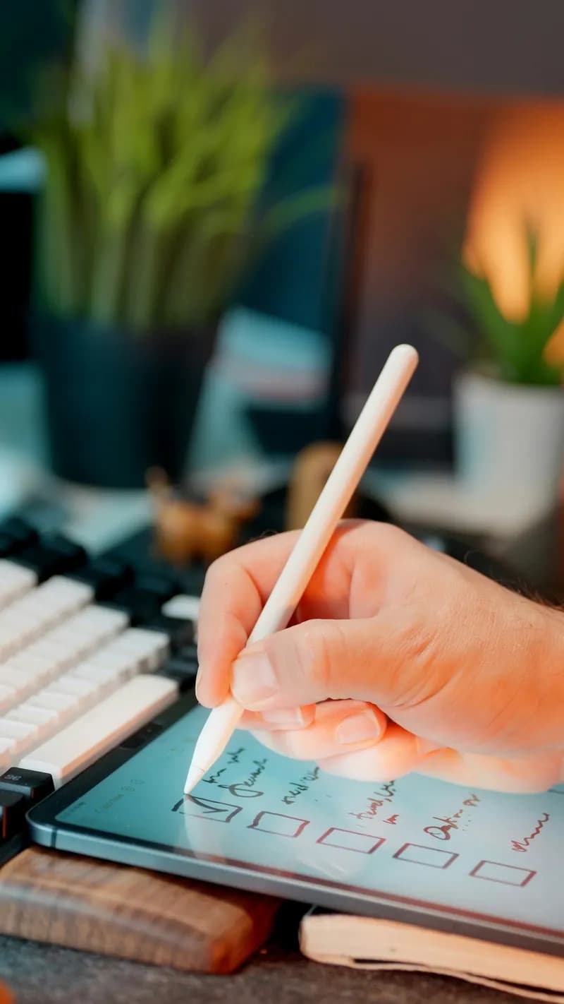 Une main annotant une liste de suivi sur une tablette posée sur un bureau.
