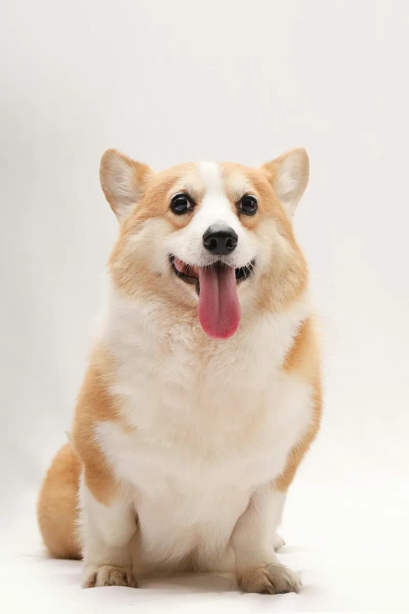 Un corgi assis sur fond clair, gueule ouverte et langue sortie.